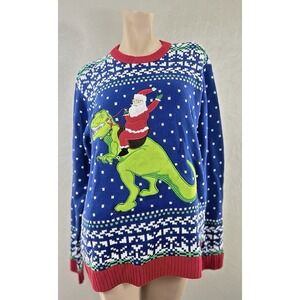 Blizzard Bay Santa Rides A T-Rex Ugly Christmas Sweater Size Large NWOT